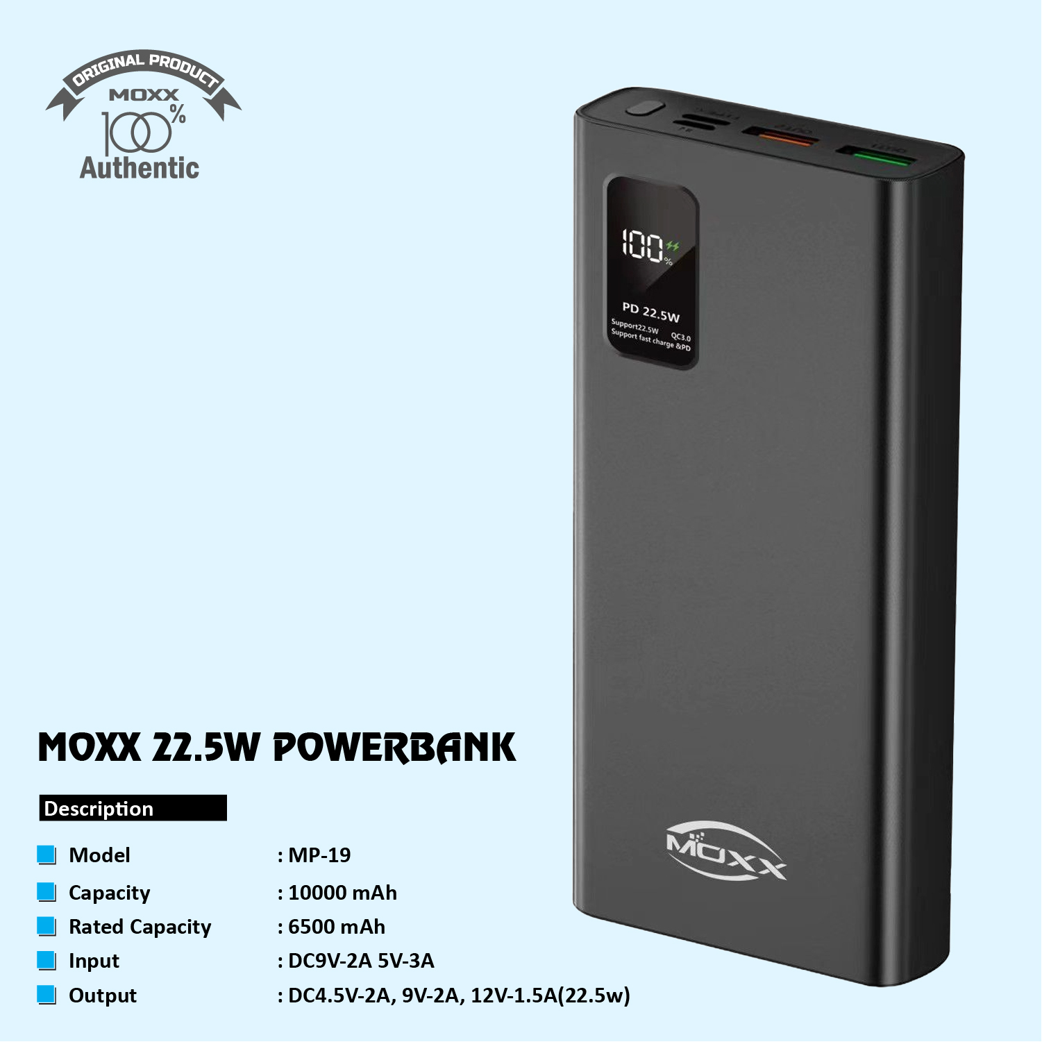 Picture of MOXX 22.5W 20000 Digital Display Quick Charge Power Bank (MP-20) - Super fast charging Power Bank (10000 mah)