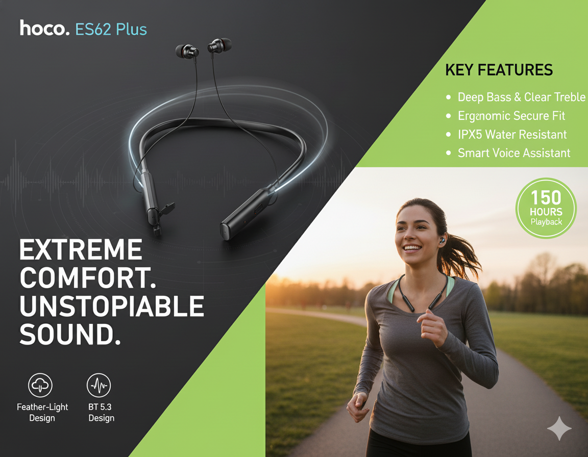 Picture of Hoco ES62 Pretty Dual Play Mode Wireless Bluetooth V5.3 Neckband Headsetss with Powerful Bass / Music Time 120 Hours (Hoco Es62 Plus)