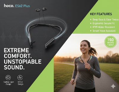 Picture of Hoco ES62 Pretty Dual Play Mode Wireless Bluetooth V5.3 Neckband Headsetss with Powerful Bass / Music Time 120 Hours (Hoco Es62 Plus)