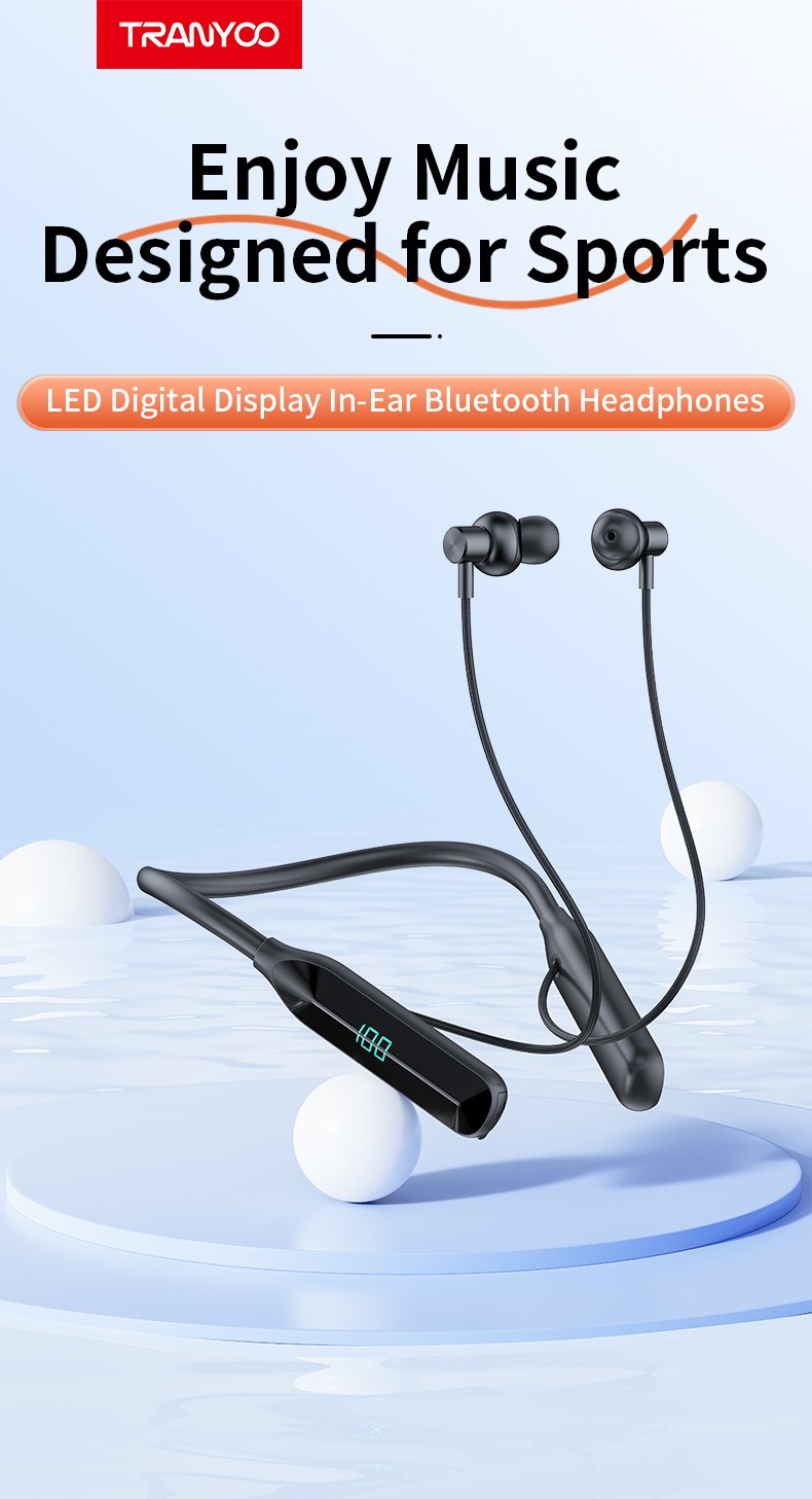 Picture of Tranyoo T-M28 Neck Mounted Sports Wireless Stereo Bluetooth Earphone BT5.3 - Digital Display - best neckband (Black)