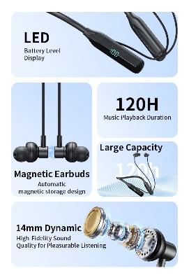 Picture of Tranyoo T-M28 Neck Mounted Sports Wireless Stereo Bluetooth Earphone BT5.3 - Digital Display - best neckband (Black)