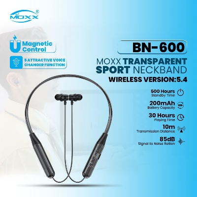 Picture of Moxx BN600 Neckband Bluetooth Headset BT5.4 Sports Headset, Smooth Sound, Magnetic Control- Voice Changer - Bluetooth neckband - best neckband (Black)