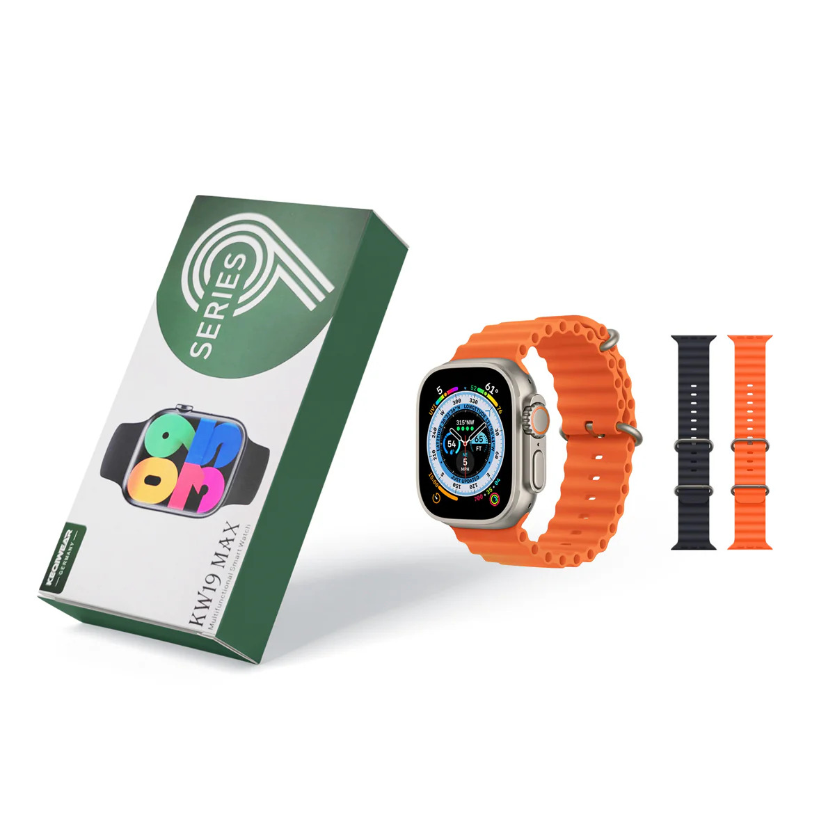 Picture of KW19 max 2.5D Curve Infinity Full HD IPS Display multicoloured double strap apple watch Series 9 watch for men women children (Black)