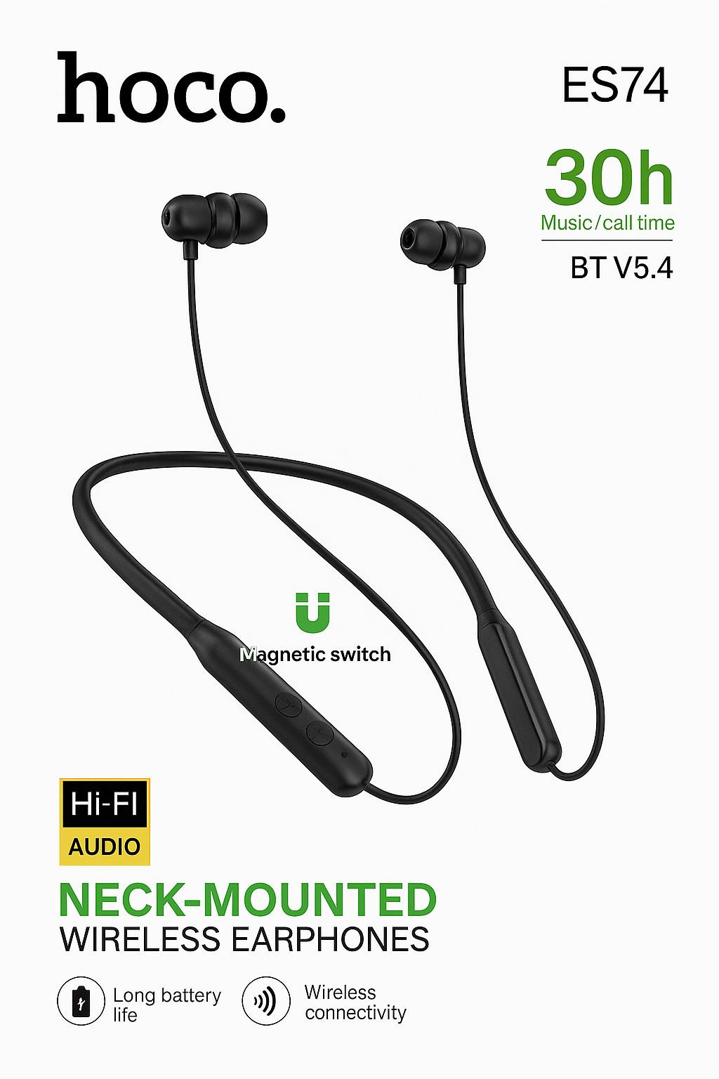 Picture of Hoco ES74 Sports Bluetooth V5.4 Wireless Earphone Neckband (Black)