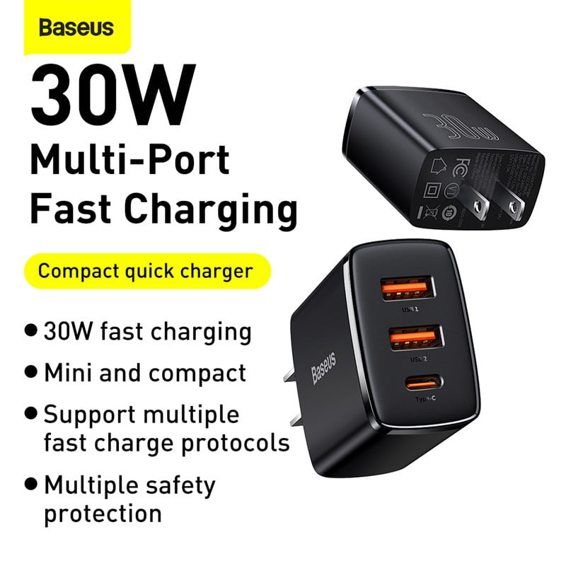 Picture of BASEUS Compact Quick Charger 2USB+Type-C Three Ports 30W Travel Power Adapter US Plug (Black)