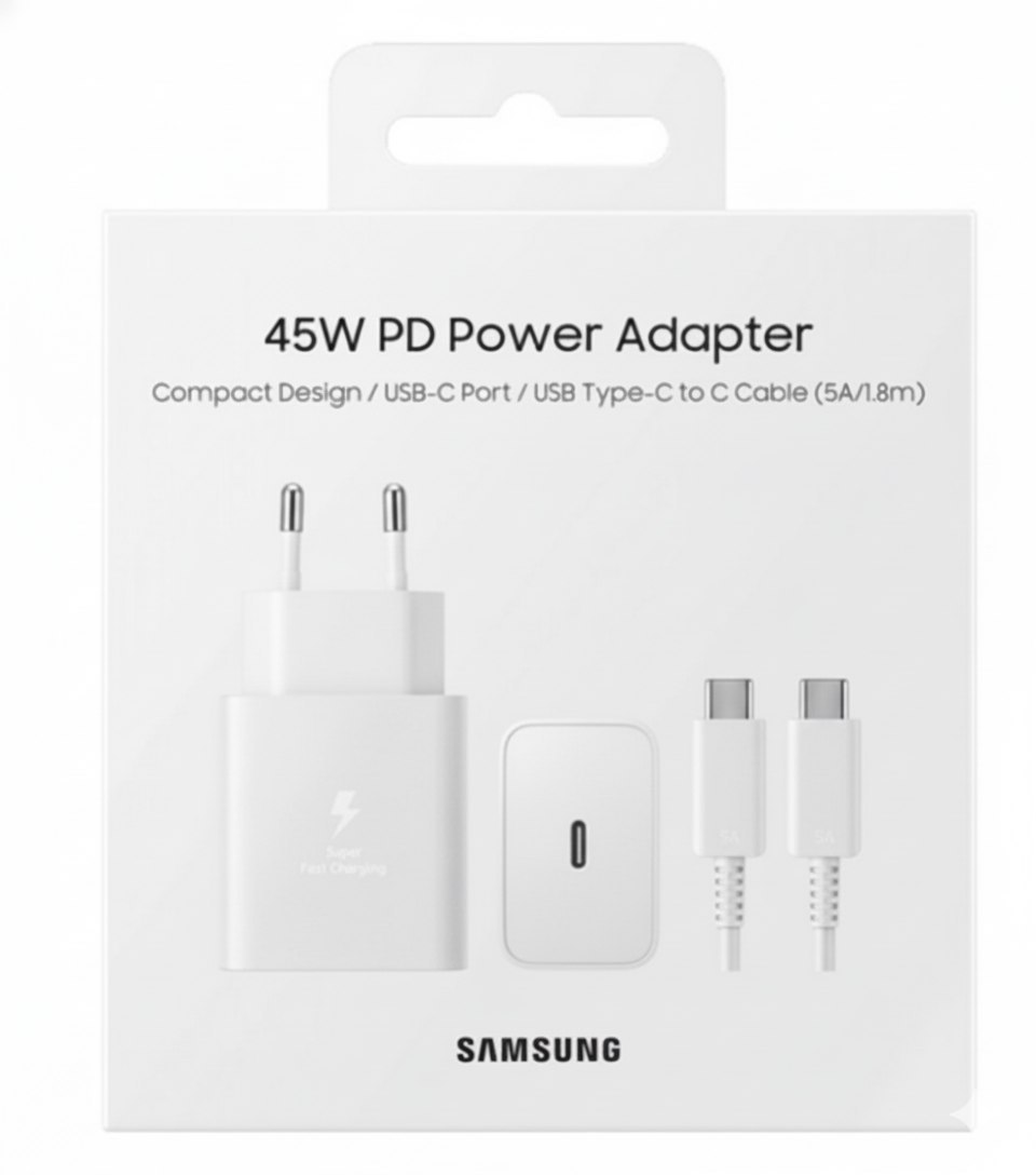Picture of Sansung 45W PD  Super Fast 2 Pin Charger 2.0 with Type C Data Cable from Type C (White)
