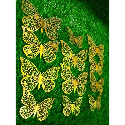 Picture of 12PC 3D plastic Hollow-Out Butterfly Sticker Cake Decorations Party -Gold