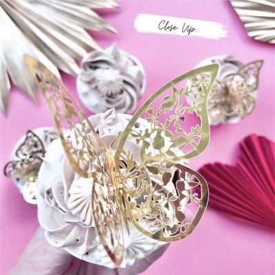 Picture of 12PC 3D plastic Hollow-Out Butterfly Sticker Cake Decorations Party -Gold