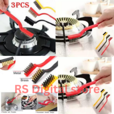 Picture of 3 PCs Mini Wire Brush Set Brass Nylon Stainless Steel Bristles Household Cleaning Brush for Stove Burner Tiles Tap -Multicolor