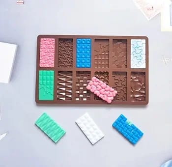 Picture of 12 Cavity Geometric Heart Chocolate Silicone Mold Diamond Bricks Puzzle Candy Biscuit Baking Mould Ice Tray Cake Decor DIY Gift -Chocolate