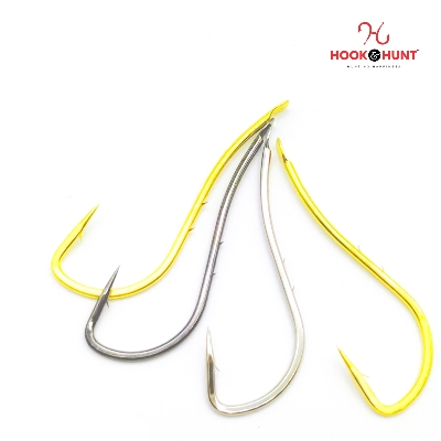 Picture of 12 Piece Hook & Hunt Long Shank Double-Barbed Streamlined Sea Fishing Hook No.7–18 – Anti-Bait-Slip Loose Barbed Hook for Sea Bass, Bream & Crucian Carp (Size - 9)