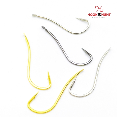 Picture of 12 Piece Hook & Hunt Long Shank Double-Barbed Streamlined Sea Fishing Hook No.7–18 – Anti-Bait-Slip Loose Barbed Hook for Sea Bass, Bream & Crucian Carp (Size - 12)