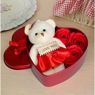 Picture of Heart-Shaped Red Box with Teddy and Roses Valentine Day Best Love Gift for Girlfriend -Red-Color - Red
