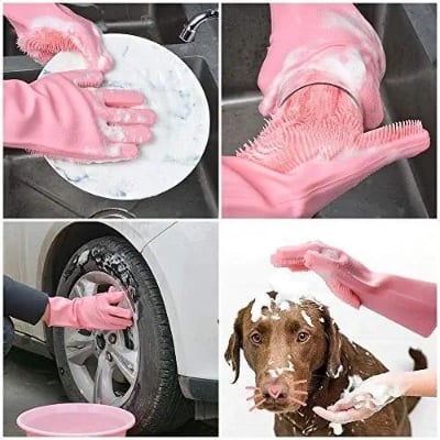Picture of Magic Silicone Dish Washing Gloves, Silicon Cleaning Gloves, Silicon Hand Gloves for Kitchen Dishwashing and Pet Grooming, Great for Washing Dish, Car, Bathroom - Multicolor