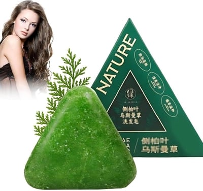 Picture of Nature Herbal Seven Green Triangle Shampoo Bar Soap with multyfunction, Oil Control, Dandruff Removal, Smoothening, Platycladus Usman Grass Hair Care-120g Original