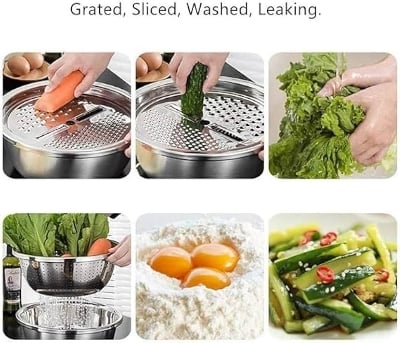 Picture of 3 In 1 Stainless Steel Drain Basket Vegetable Cutter - Silver
