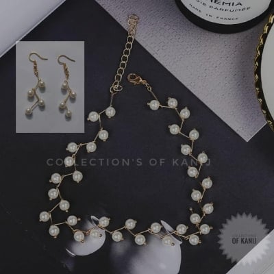 Picture of Uncommon Style Golden Metal With White Pearl  Necklace Set With Earrings  For Women