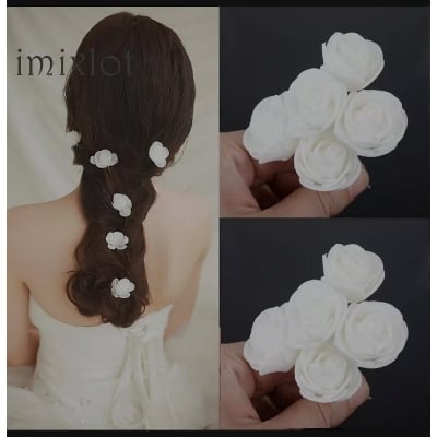 Picture of 12 Pieces White Artificial Foam Rose Hair Clip For Women And Girls