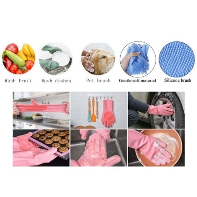 Picture of Dishwashing Gloves with Cleaning Scrubber High Quality Silicone Dish Washing Kitchen Hand Gloves - Multicolor