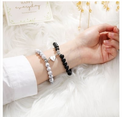 Picture of 2Pcs/1 Pair Natural Stone Beaded Heart Magnet Attraction Couple Bracelets For Women Men Simple Love Relationship Bracelet Jewelry