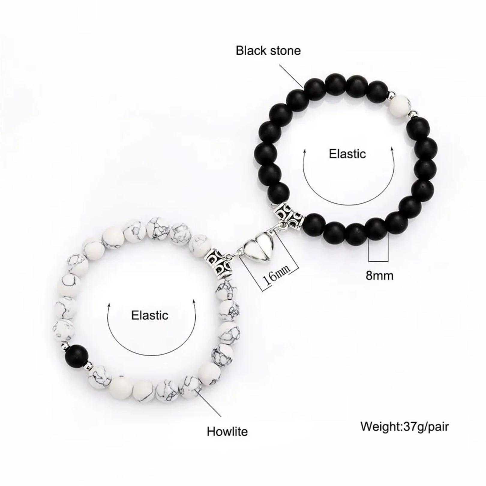Picture of 2Pcs/1 Pair Natural Stone Beaded Heart Magnet Attraction Couple Bracelets For Women Men Simple Love Relationship Bracelet Jewelry