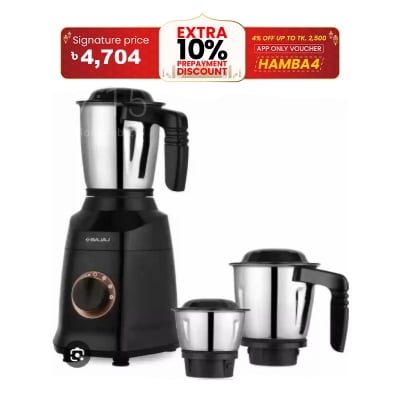 Picture of Bajaj Military Series Finesse 750W Mixer Grinder | 3 Stainless Steel Military Grade Jars*, DuraCut Blade,Midnight Black, 750 watts