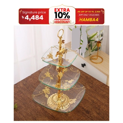Picture of European-style Metal Tempered Glass Fruit Plate Three-layer Retro Elegant Hotel Home Living Room Fruit Plate (Color : Gold, Size : One size)