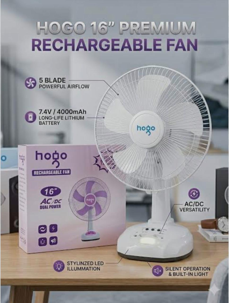 Picture of Hogo Rechargeable 16" full Stand  Table Fan. Lithium Battery-7.4V (4000mAh)