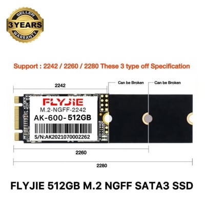 Picture of FLYJIE M.2 SATA 512GB 256GB 128GB SSD AK-600 NGFF SSD (Size: 2242 2260 2280) Breakable For Laptops & Desktop-PC (Multicolor,256GB)