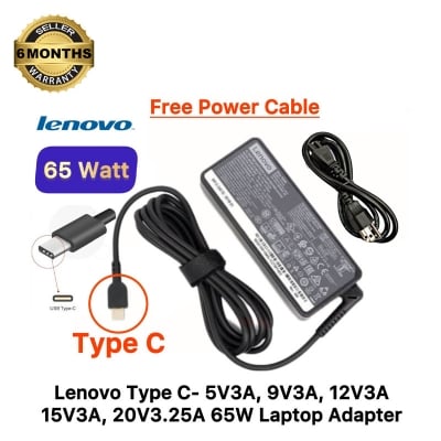 Picture of Lenovo Laptop Adapter For ThinkPad T480, T490, T495, T14, T15 E480, E490, E495 (X1 Carbon 5th Gen to 9h Gen) T470 T480s IdeaPad Flex 14, Flex 15, Flex 6, Flex 5, Yoga Slim 7, Yoga 7i, Yoga 9i Series (20V-3.25A 65W USB Type-C) Adapter 