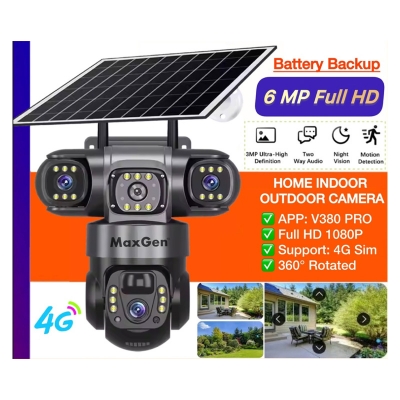 Picture of MaxGen V380 PRO 3 Lens Solar VTS28-4G Sim-Supported Battery Backup PTZ IP Camera 9MP Outdoor Waterproof 360 Degree Wide Angle Auto Tracking Color Night Vision Two Way Audio PTZ CCTV Camera (Black)