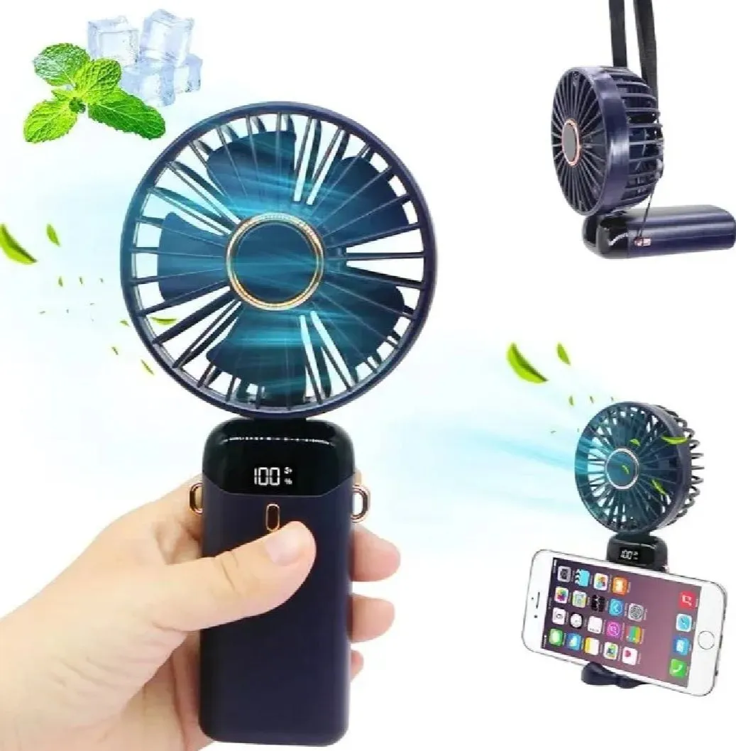 Picture of N15 4000mAh Handheld Mini Fan Foldable Portable Neck Hanging Fans 5 Speed USB Rechargeable Fan with Phone Stand and Display