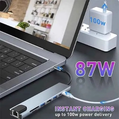 Picture of Type-C USB Hub 8-in-1 with HDMI, LAN Network Card – Dual Head High-Speed Dock Hub for PC & Mac Bangladesh