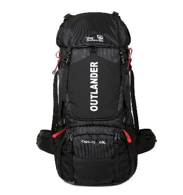 Picture of New Outlander 60L black hiking backpack with red accents and multiple compartments.