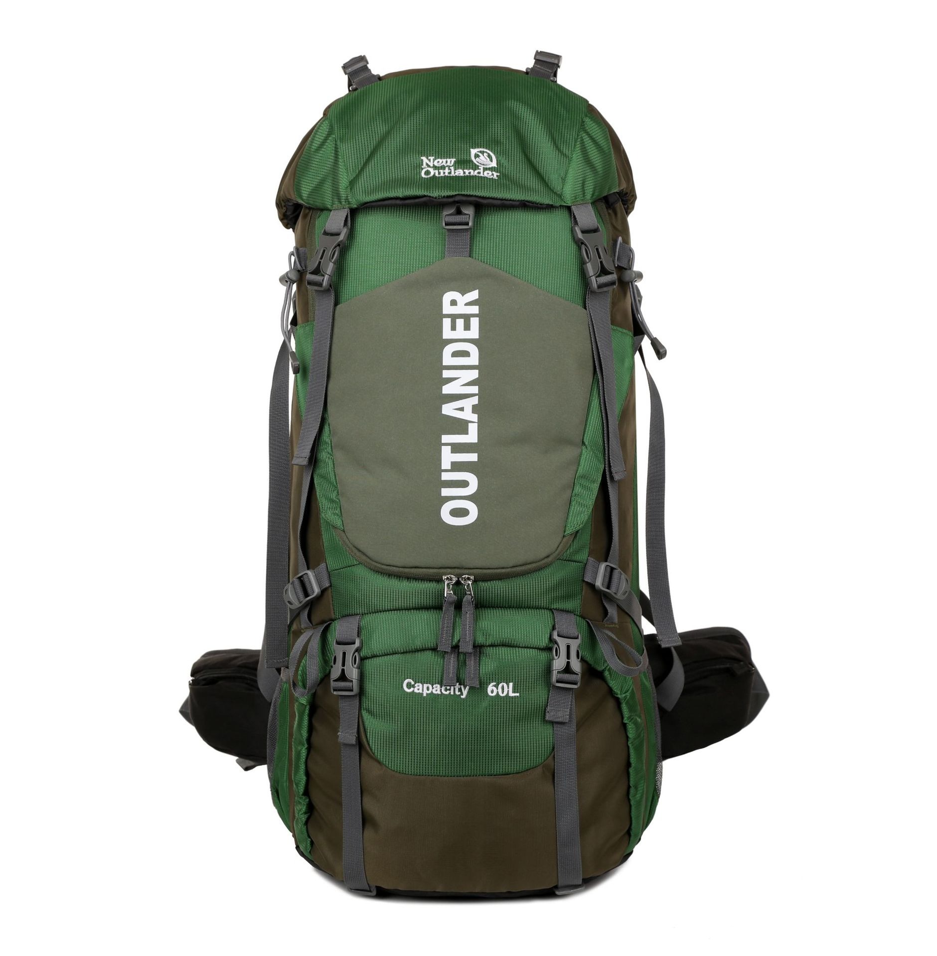 Picture of New Outlander 60L black hiking backpack with red accents and multiple compartments.