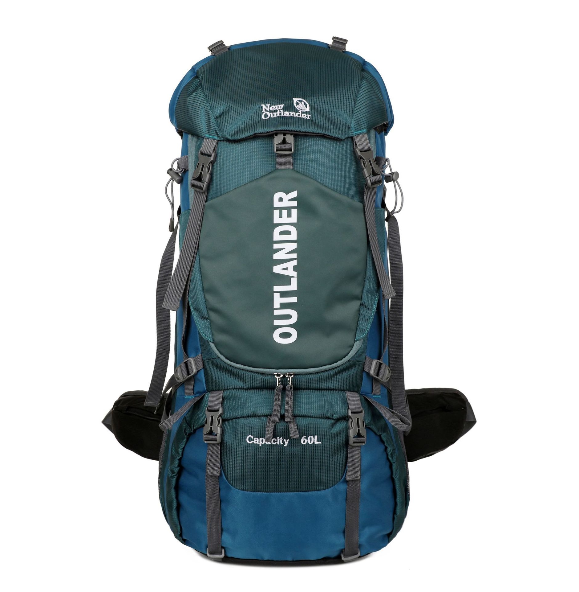 Picture of New Outlander 60L black hiking backpack with red accents and multiple compartments.
