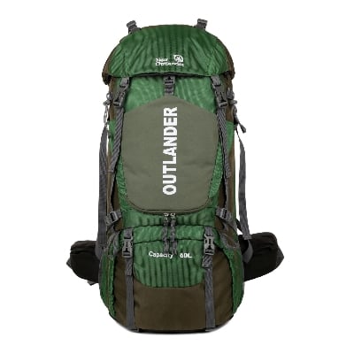 Picture of New Outlander 60L black hiking backpack with red accents and multiple compartments.