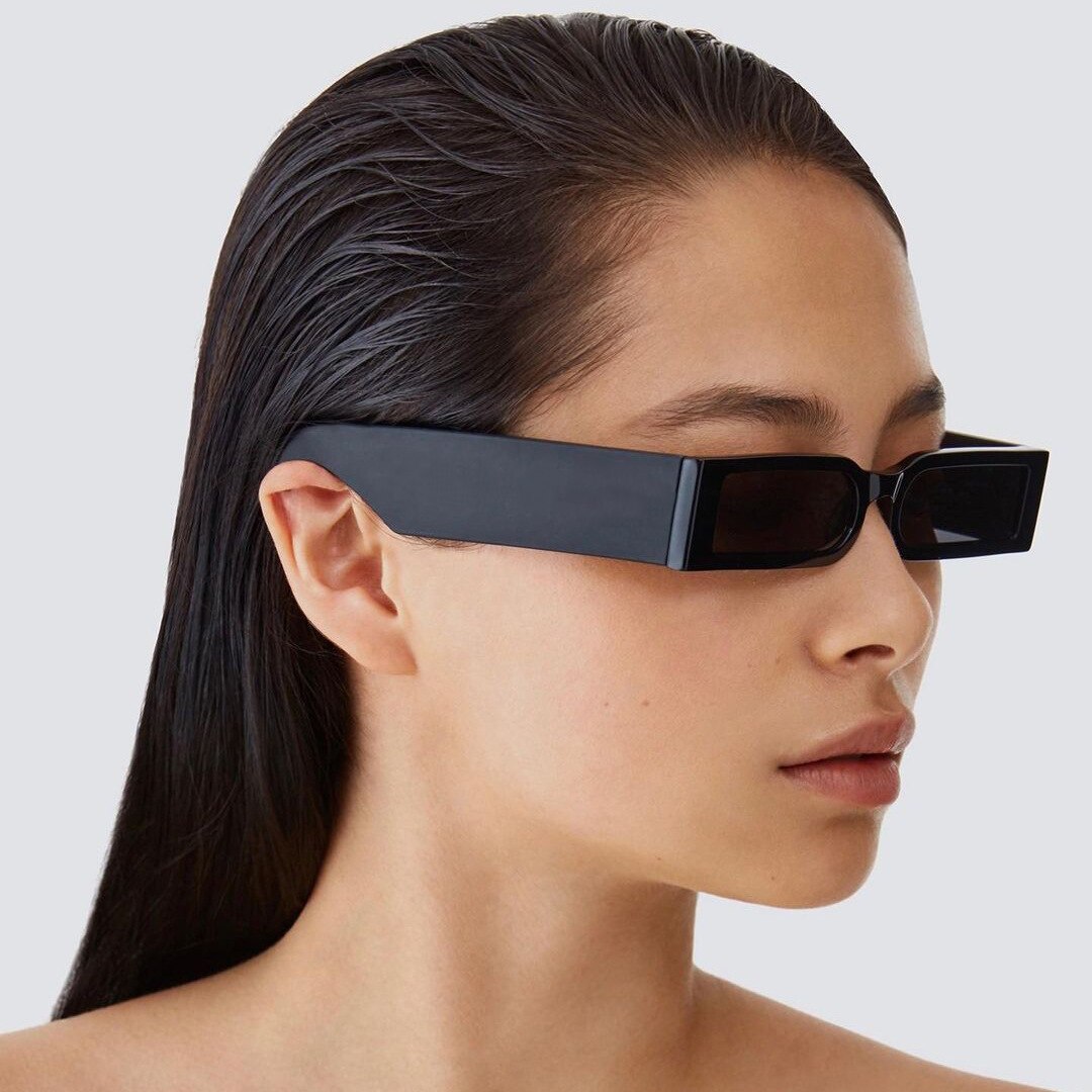 Picture of New Fashion Rectangle Frame Stylish Modern Sunglasses-Small Frame Square Sunglasses -New narrow frame width small box sunglasses , Vintage Colorful Wide Leg Eyeglasses Summer Glasses Luxury for Men Women (D Black,Black,Black)