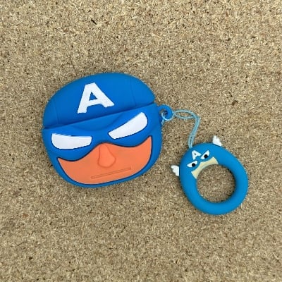 Picture of Airpod Pro Marvel Character Super Man, Spiderman, Venom, Groot, Super mario airpod pro 2 case Wireless Bluetooth Headset Silicon protective artificial cartoon cover case (only cover) (Marvel - Captain America Design)