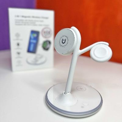 Picture of Pix X516 Magnetic Wireless Charger ( Alloy Foldable )-3 in 1 Magnetic 15W Fast Charging  Stand for iPhone/Samsung/Oneplus/Pixel etc Type-C Holder for iPhone Watches Airpods (White X516)
