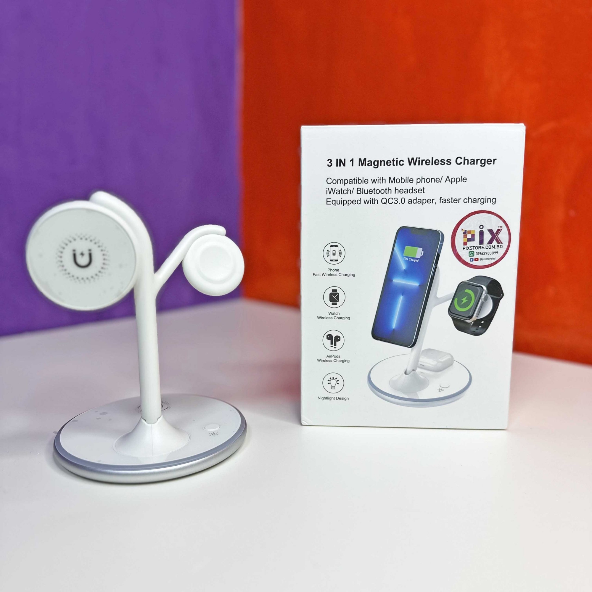Picture of Pix X516 Magnetic Wireless Charger ( Alloy Foldable )-3 in 1 Magnetic 15W Fast Charging  Stand for iPhone/Samsung/Oneplus/Pixel etc Type-C Holder for iPhone Watches Airpods (White X516)