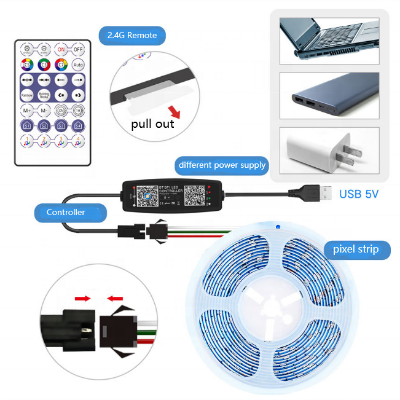 Picture of Pix Programmable RGB 5050 2812IC LED Lights 60LED/144 Led/M 1LED/Cut Colorful LED Strip Lights -5M USB 5V Bluetooth APP Music Function Control Lamp With Remote RGB Light App Control Addressable SPI Mini Pixel LED Controller for Dream Colorful Strip (Full Set 30Led/M(5m))