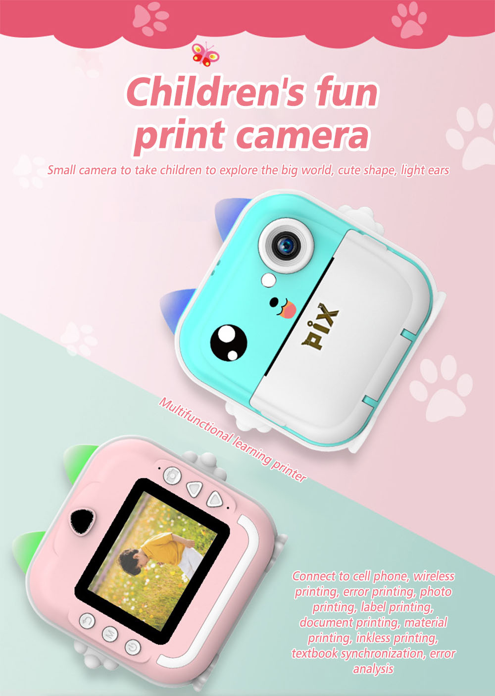 Picture of Pix Instant Thermal Printing Mini Digital Camera-Children Instant Fun Print Camera Kids Video Photography Digital Photo Camera Mini Thermal Printer With Free 3 Piece Thermal Paper- Best Birthday Gift Children Instant Print Camera (Pink)
