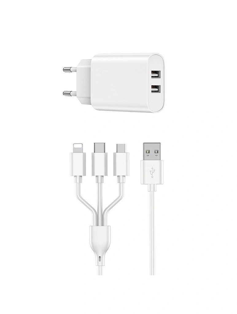 Picture of WIWU Wi-U003 Dual USB Charger with 3 in 1 USB Charging Data Cable Set, EU Plug-Wiwu High Quality Fast Charger Dual USB charger with 3 in 1 cable for Mobile Phone (White)