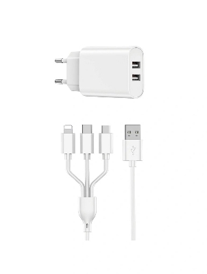 Picture of WIWU Wi-U003 Dual USB Charger with 3 in 1 USB Charging Data Cable Set, EU Plug-Wiwu High Quality Fast Charger Dual USB charger with 3 in 1 cable for Mobile Phone (White)
