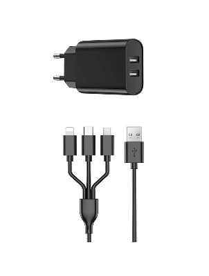Picture of WIWU Wi-U003 Dual USB Charger with 3 in 1 USB Charging Data Cable Set, EU Plug-Wiwu High Quality Fast Charger Dual USB charger with 3 in 1 cable for Mobile Phone (Black)