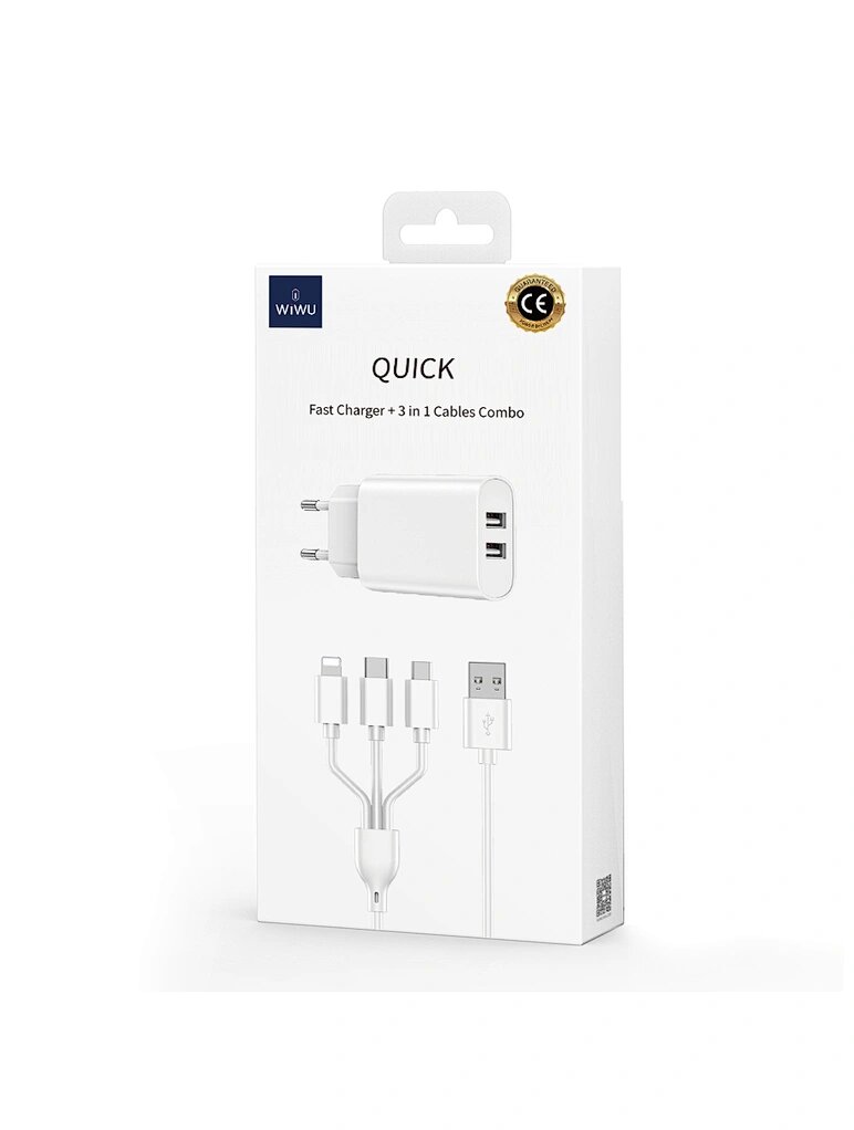 Picture of WIWU Wi-U003 Dual USB Charger with 3 in 1 USB Charging Data Cable Set, EU Plug-Wiwu High Quality Fast Charger Dual USB charger with 3 in 1 cable for Mobile Phone (Black)