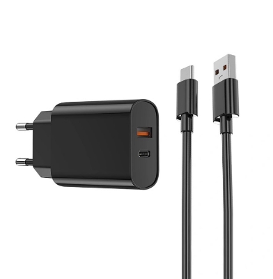 Picture of WiWU 20W PD+QC USB Type C Charger with Cable Set-WiWU Wi-U002 High Quality 20W PD+QC USB Type C Charger Fast Charging Charger Wall Charger With EU Plug for iPhone Android (Wi-U002 Black)