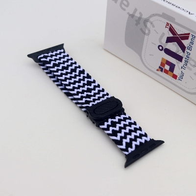 Picture of Pix Apple Watch Button Style Elastic Strap-Nylon Elastic Strap for 42/44/45/49mm-Colorful Braided Nylon Elastic Woven Loop Watch Strap Plastic Button Lock-Replacement Band For Apple Watch (#17 Black White Pattern,Freesize)
