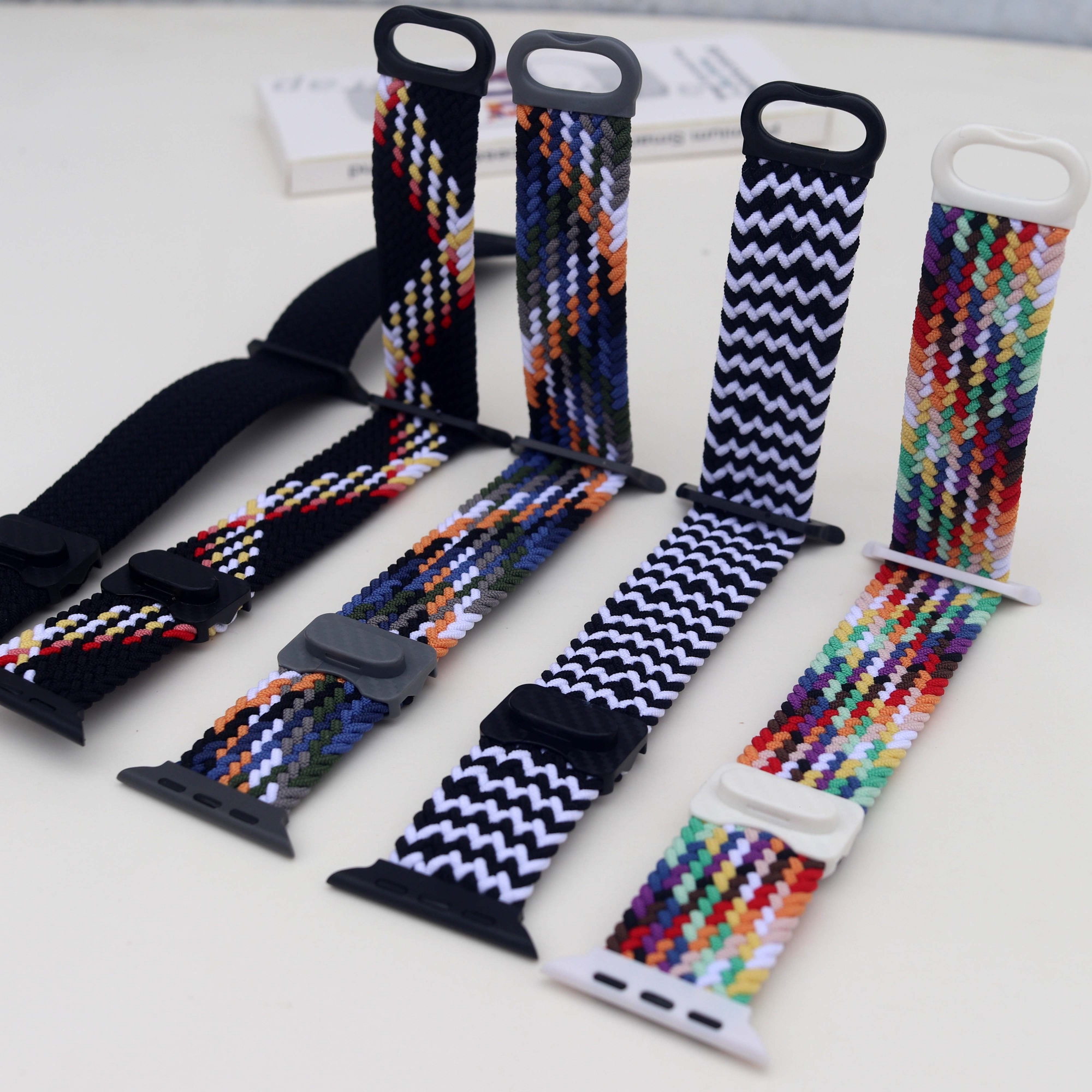 Picture of Pix Apple Watch Button Style Elastic Strap-Nylon Elastic Strap for 42/44/45/49mm-Colorful Braided Nylon Elastic Woven Loop Watch Strap Plastic Button Lock-Replacement Band For Apple Watch (#17 Black White Pattern,Freesize)